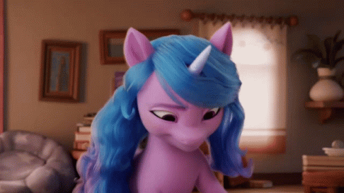 A gif of Izzy Moonbow (a purple unicorn with a blue mane, and purple eyes) going 'Ta-da!'
